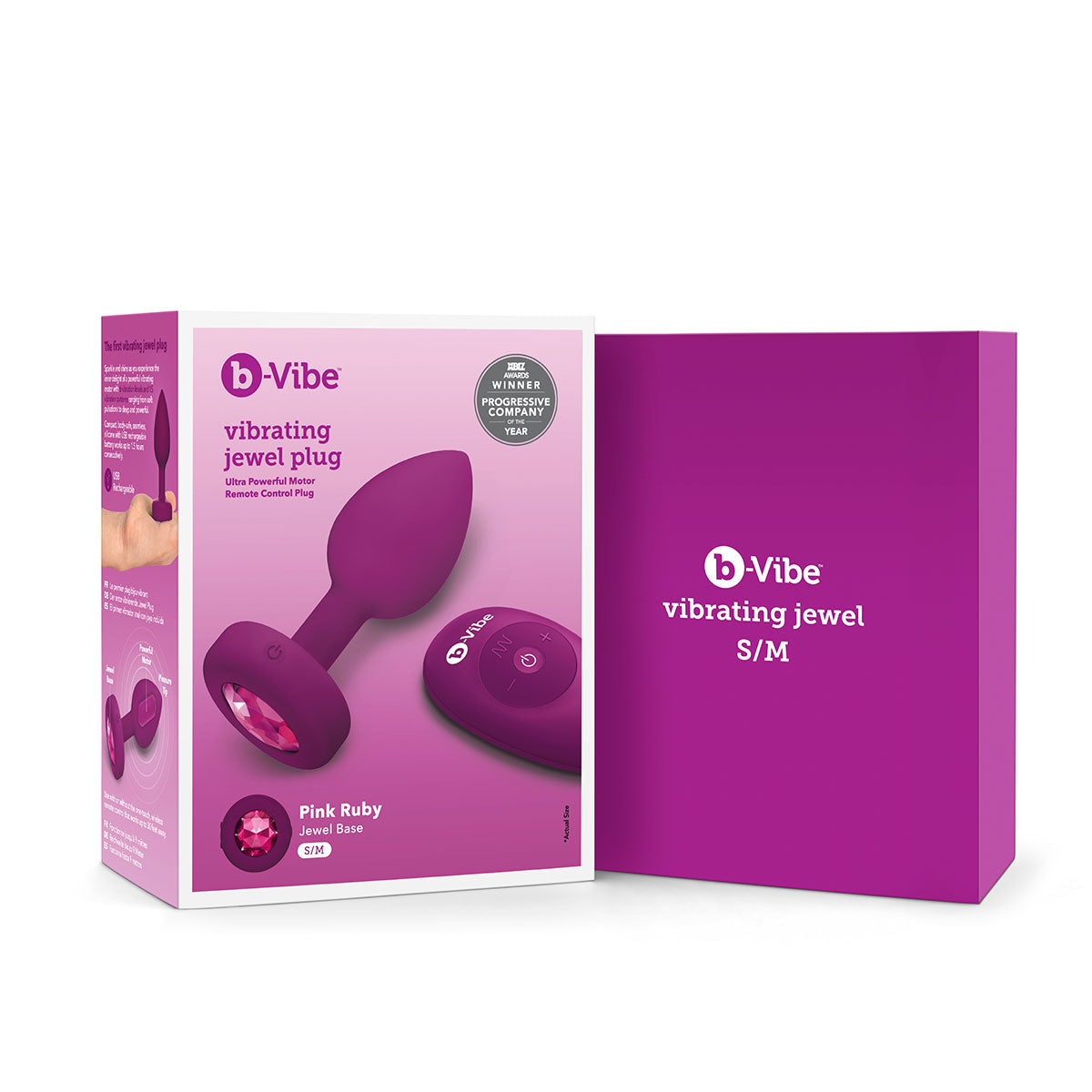 B-Vibe Vibrating Jewel Plug Small/Medium - Fuchsia on white background. Available at SugarX in Sex Toys in the Butt Plug collection.