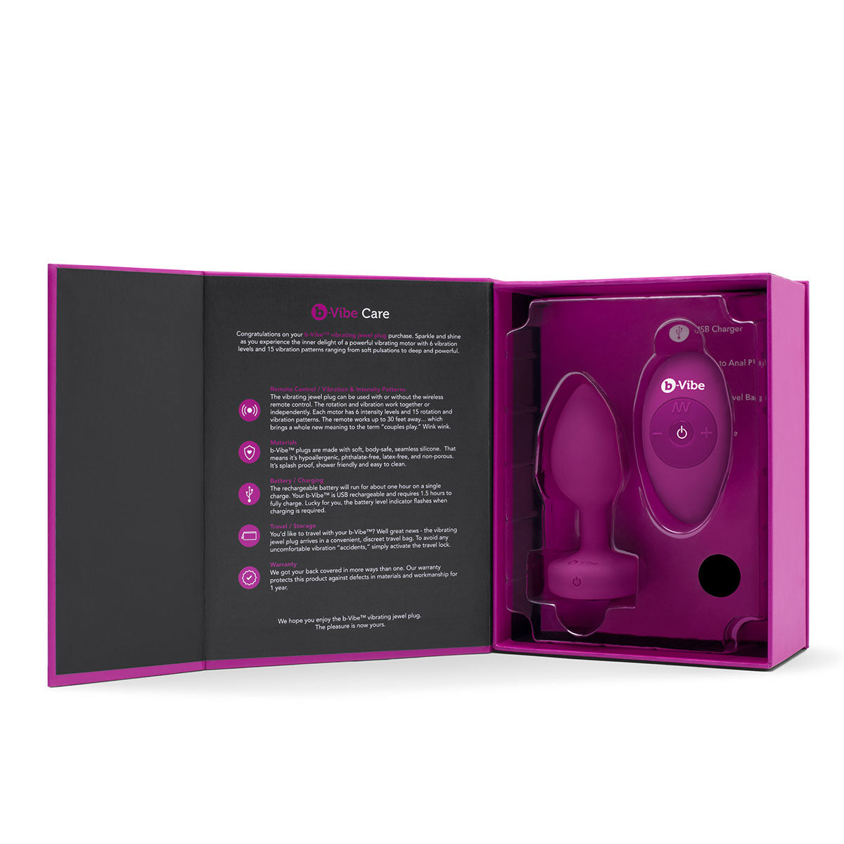 B-Vibe Vibrating Jewel Plug Small/Medium - Fuchsia on white background. Available at SugarX in Sex Toys in the Butt Plug collection.