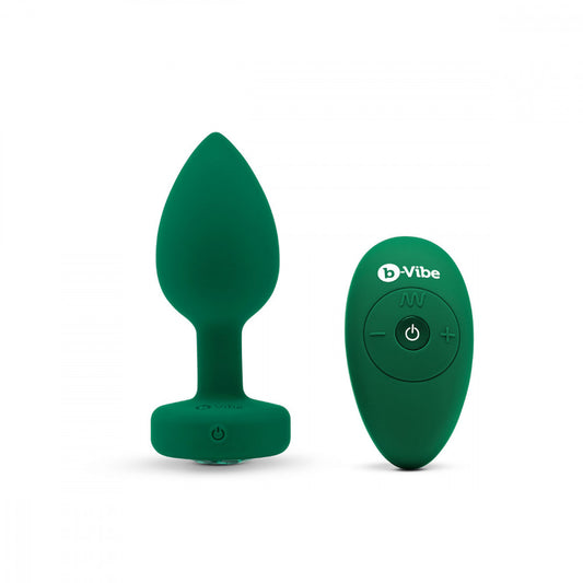 B-Vibe Vibrating Jewel Plug Medium/Large - Emerald on white background. Available at SugarX in Sex Toys in the Butt Plug collection.