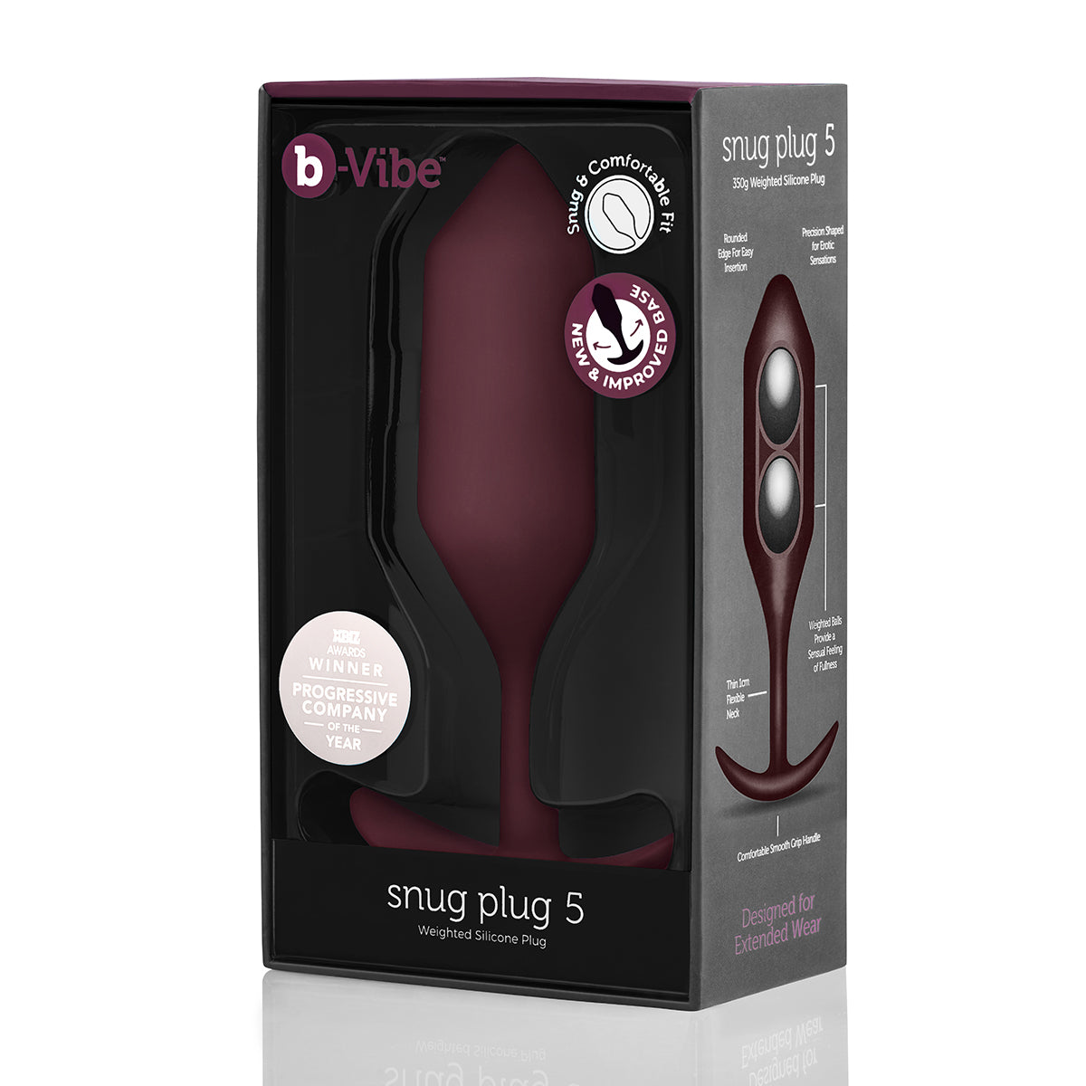 B-Vibe Snug Plug 5 - Dark Red on white background. Available at SugarX in Sex Toys in the Butt Plug collection.