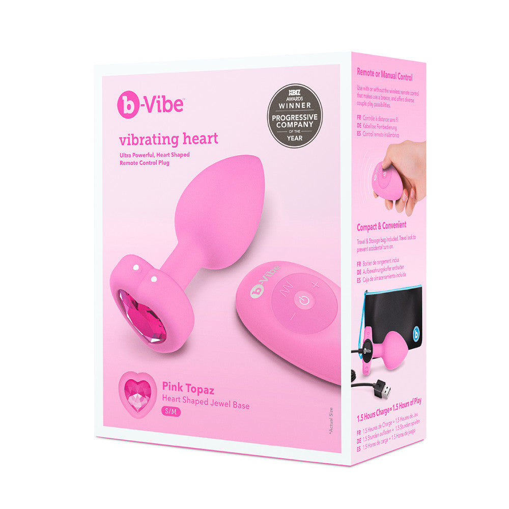 B-Vibe Vibrating Heart Plug Small/Medium - Pink Topaz on white background. Available at SugarX in Sex Toys in the Butt Plug collection.