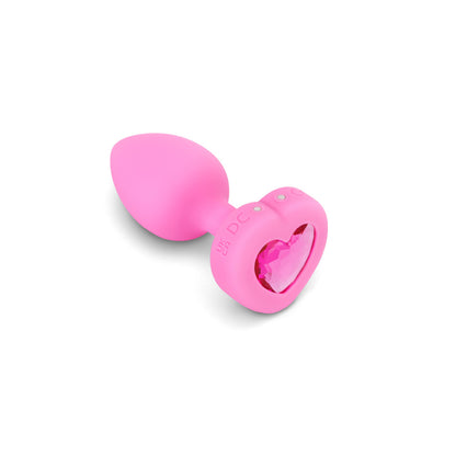 B-Vibe Vibrating Heart Plug Small/Medium - Pink Topaz on white background. Available at SugarX in Sex Toys in the Butt Plug collection.