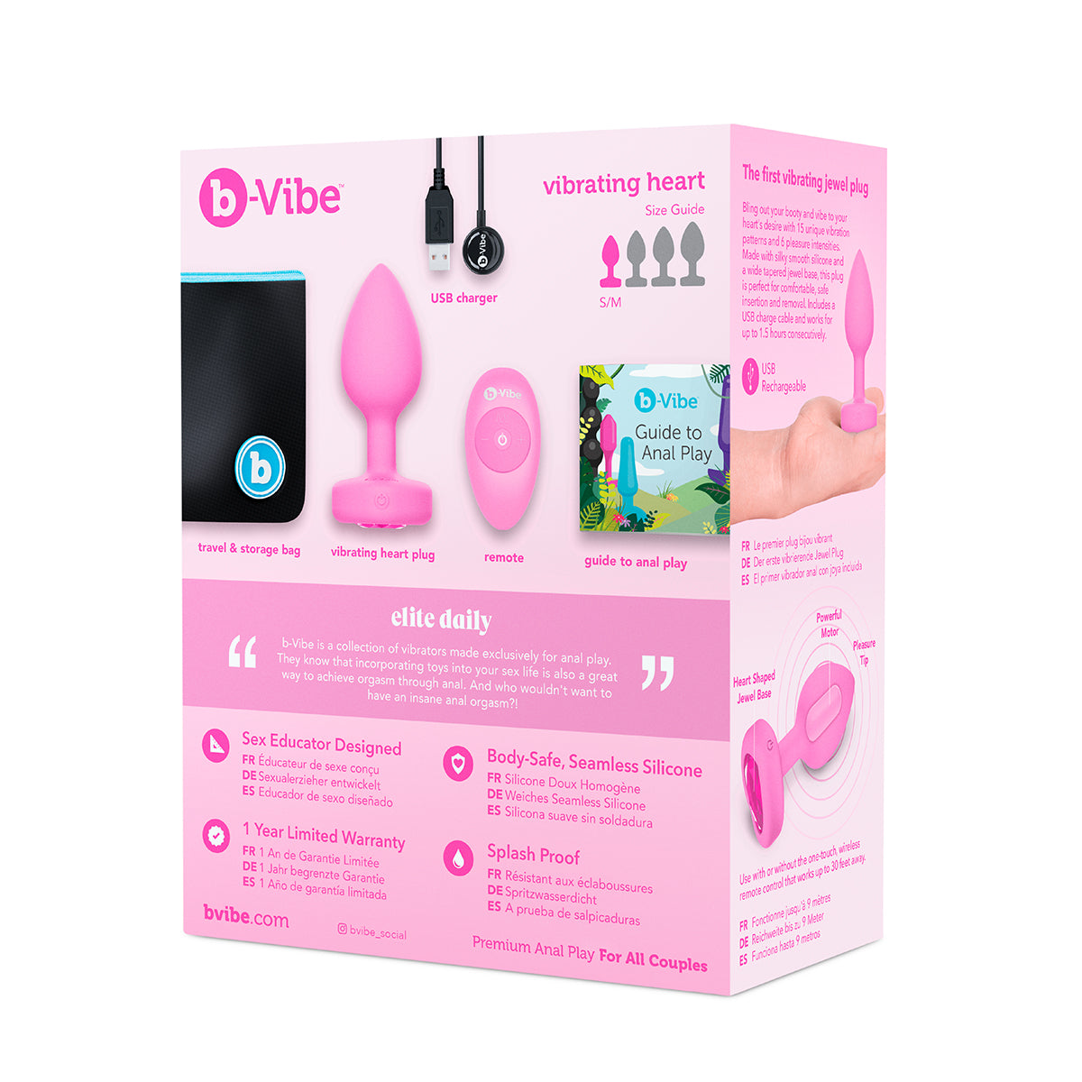 B-Vibe Vibrating Heart Plug Small/Medium - Pink Topaz on white background. Available at SugarX in Sex Toys in the Butt Plug collection.