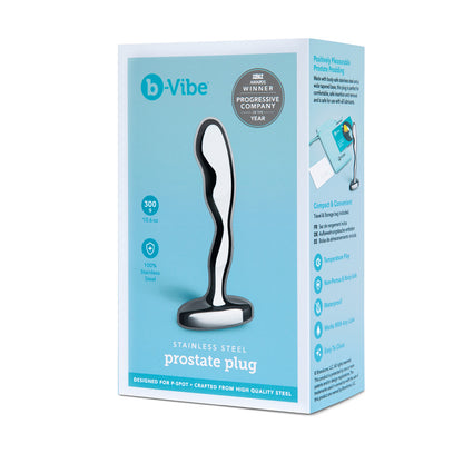 B-Vibe Stainless Steel Prostate Plug on white background. Available at SugarX in Sex Toys in the Butt Plug collection.