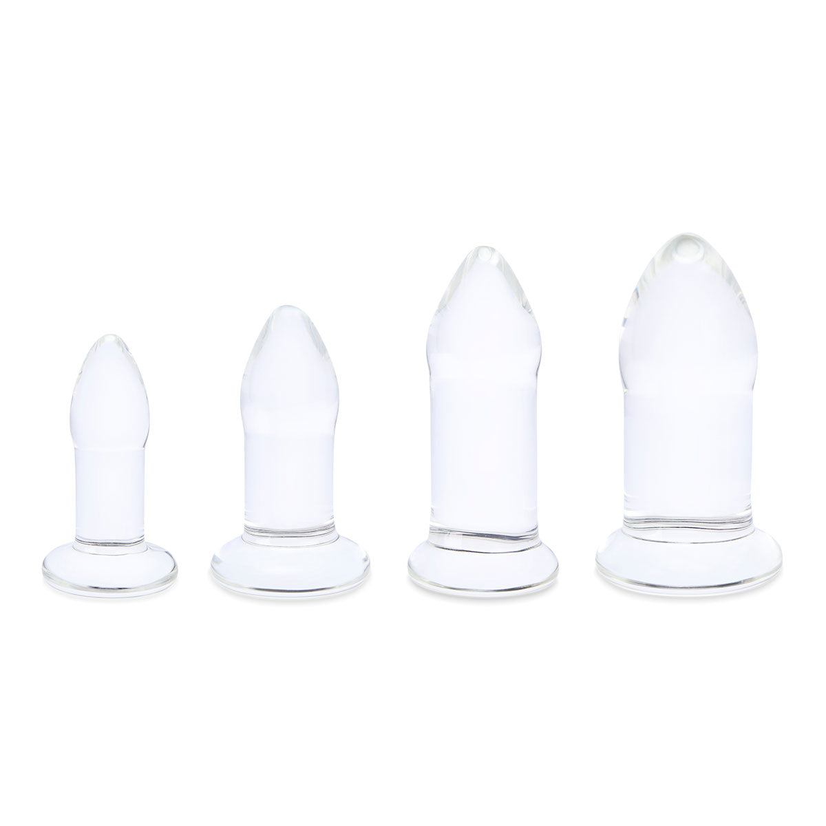 B-Vibe Glass Anal Dilators Set on white background. Available at SugarX in Sex Toys in the Butt Plug collection.