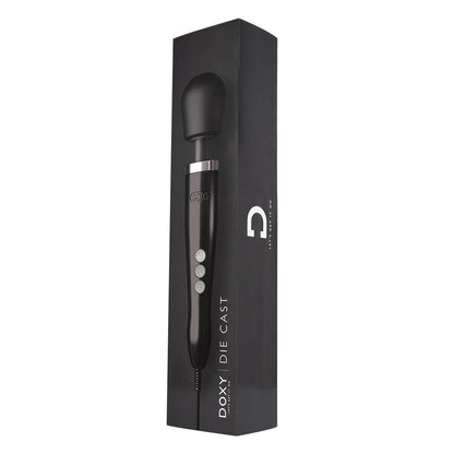 Doxy Die Cast Black wand vibrator box standing upright on a plain white background, revealing the sleek packaging. Available at SugarX in the Vibrators Collection.