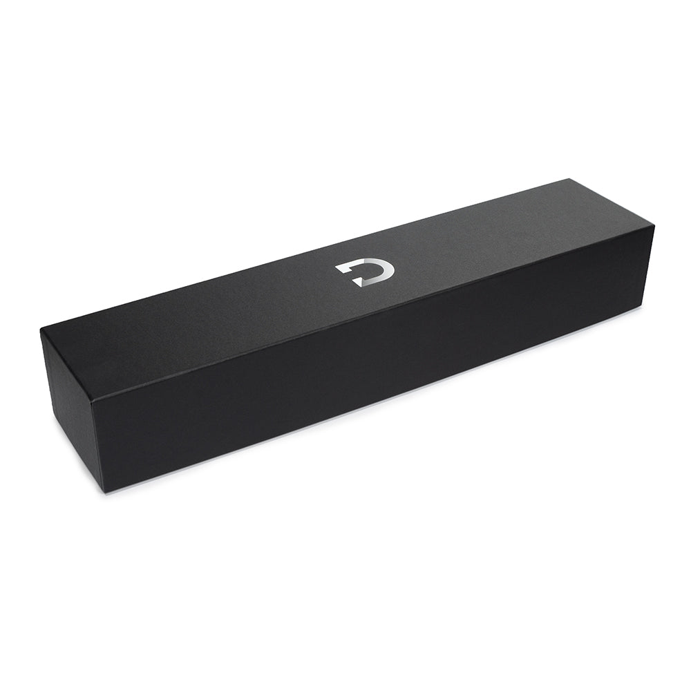 Doxy Die Cast Black wand vibrator's black storage box lying on a plain white background, ensuring discreet storage. Available at SugarX in the Vibrators Collection.