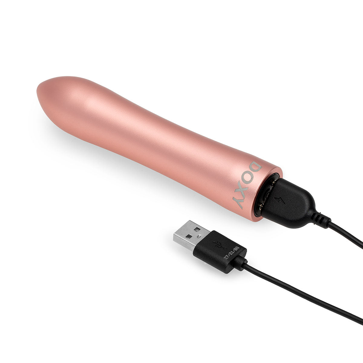 Doxy Bullet vibrator connected to its charging cord on a plain white background, demonstrating its convenient charging system for endless pleasure. Available at SugarX in the Vibrators Collection.