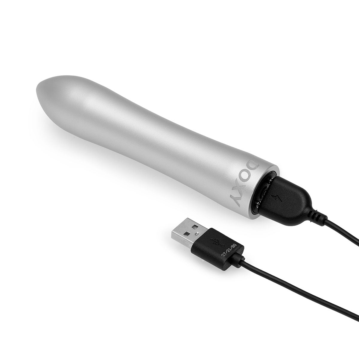 Doxy Bullet vibrator in silver connected to its charging cord on a plain white background, demonstrating its convenient charging system for endless pleasure. Available at SugarX in the Vibrators Collection.