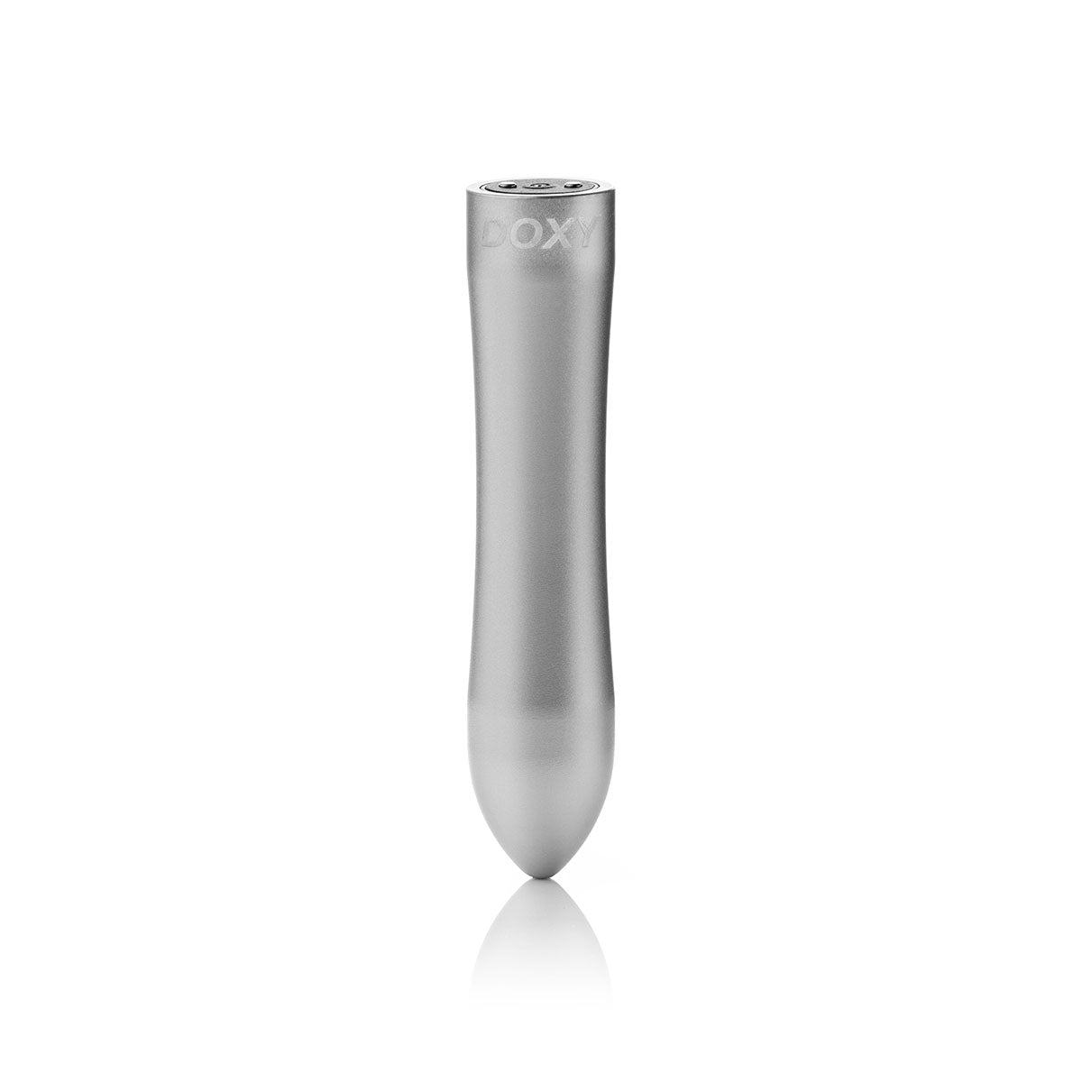 Doxy Bullet vibrator upright facing forward on a plain white background, showcasing its elegant silver design, perfect for discreet pleasure. Available at SugarX in the Vibrators Collection.