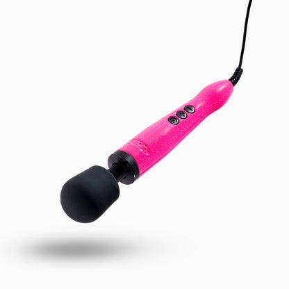 Hot Pink Doxy Die Cast wand vibrator pointing downward on a white background. High-quality sex toy designed for powerful pleasure, available at SugarX in the Vibrators Collection.