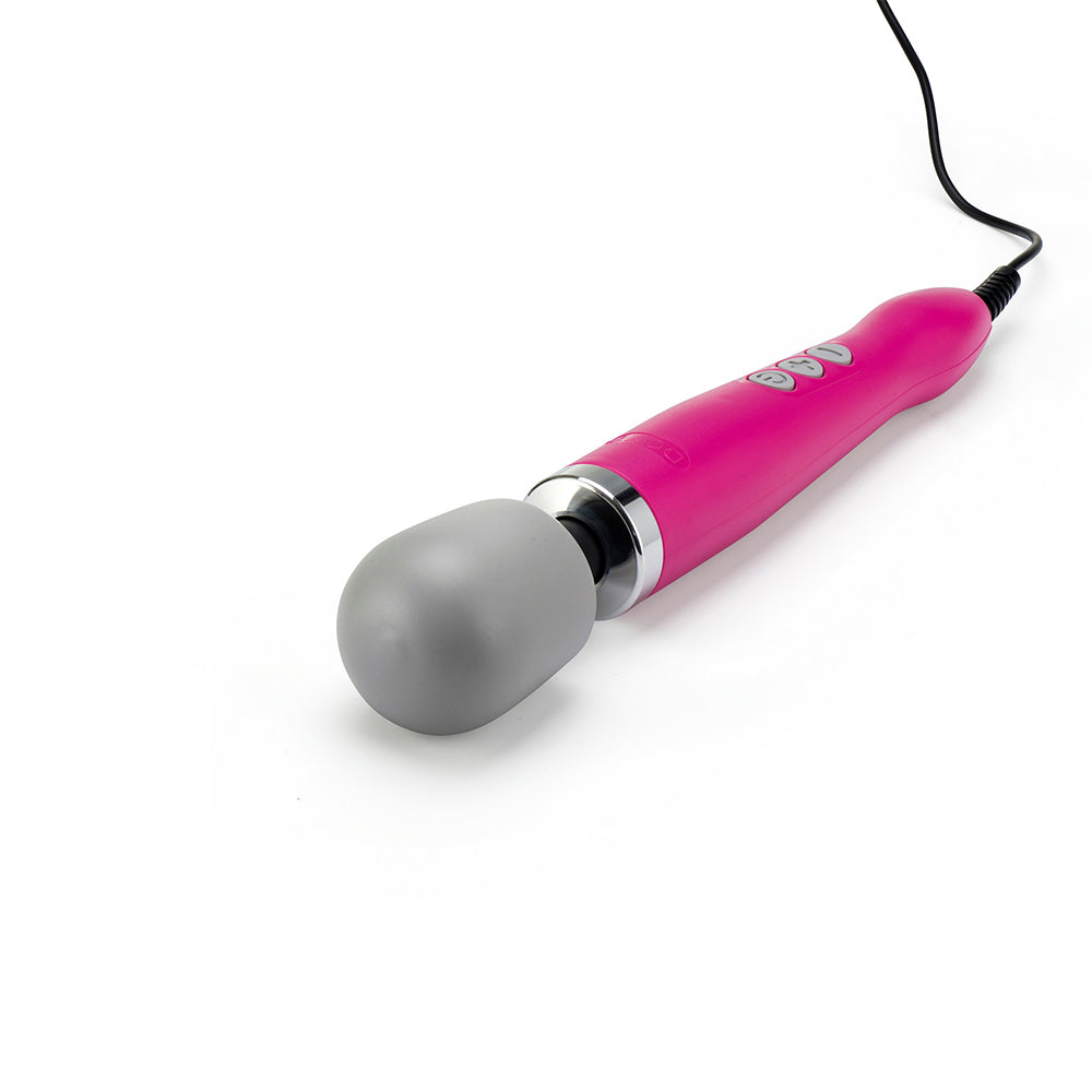 Doxy Original Massager wand vibrator in pink lying flat, head facing the camera, on a plain white background. Available at SugarX in the Vibrators Collection.