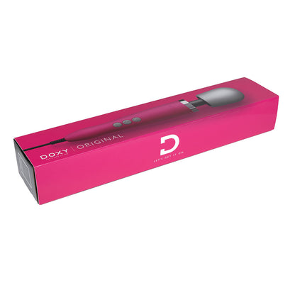 Doxy Original Massager wand vibrator storage box in pink on a plain white background. Available at SugarX in the Vibrators Collection.