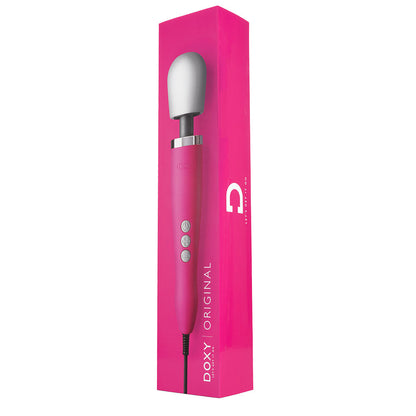 Doxy Original Massager wand vibrator storage box in pink upright, facing forward on a plain white background. Available at SugarX in the Vibrators Collection.