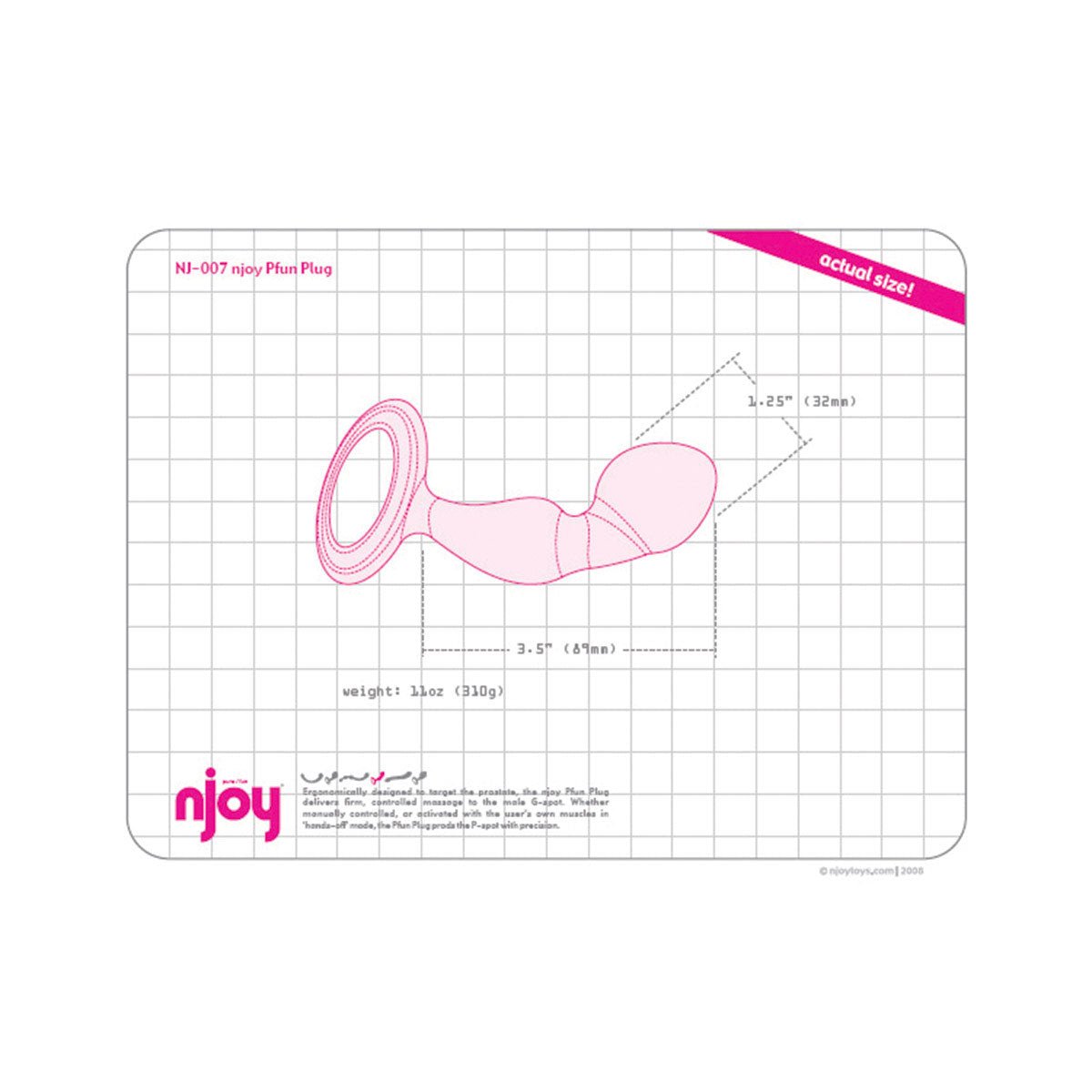 Njoy Pfun Plug dimesions showing size of stainless steel prostate massager and butt plug at SugarX.