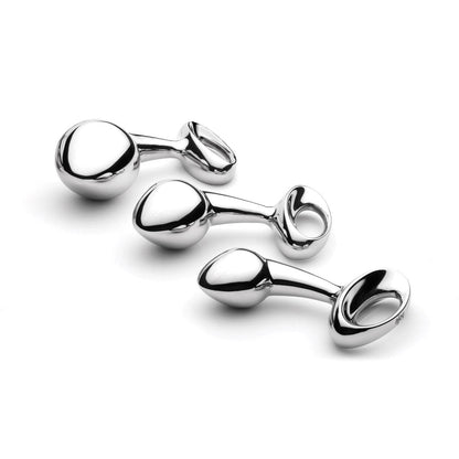 Njoy stainless steel butt plugs angled diagonally on white background.