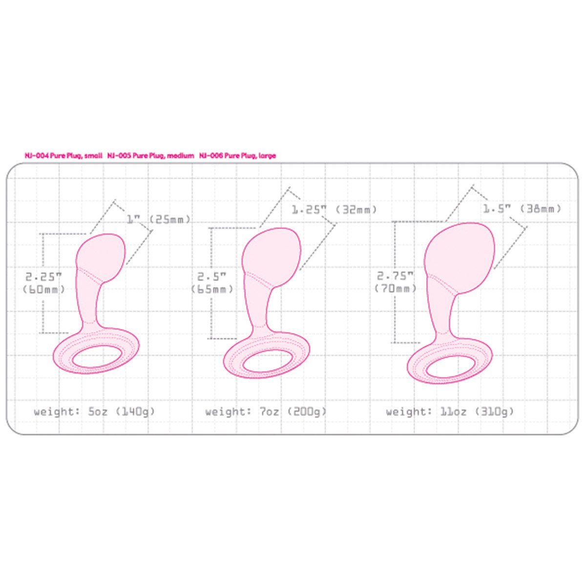 Dimensions for the Njoy Pure Plug Medium, Large and Small from SugarX.