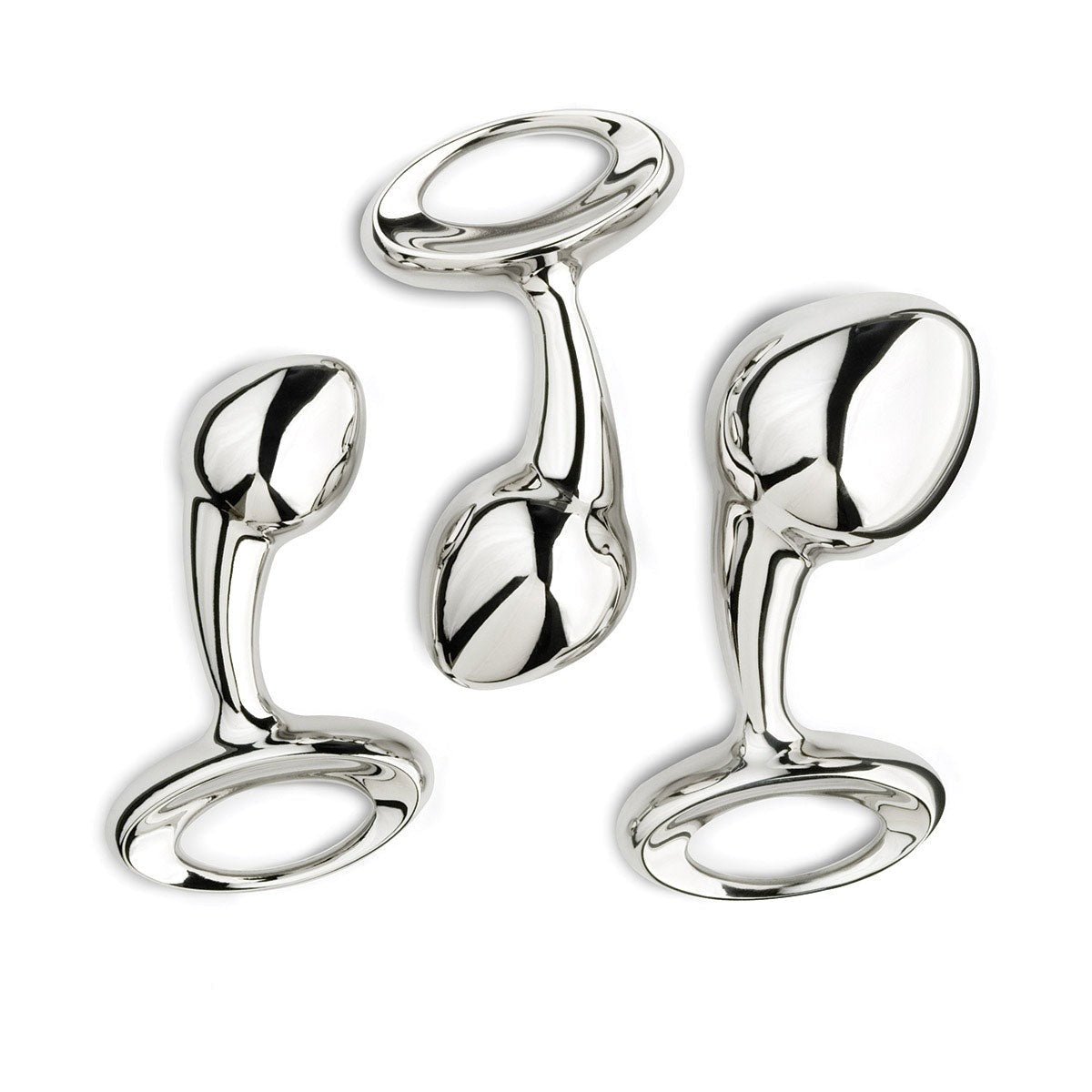 Njoy stainless steel butt plugs side by side on white background.