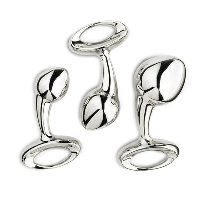 Njoy stainless steel butt plugs side by side on white background.