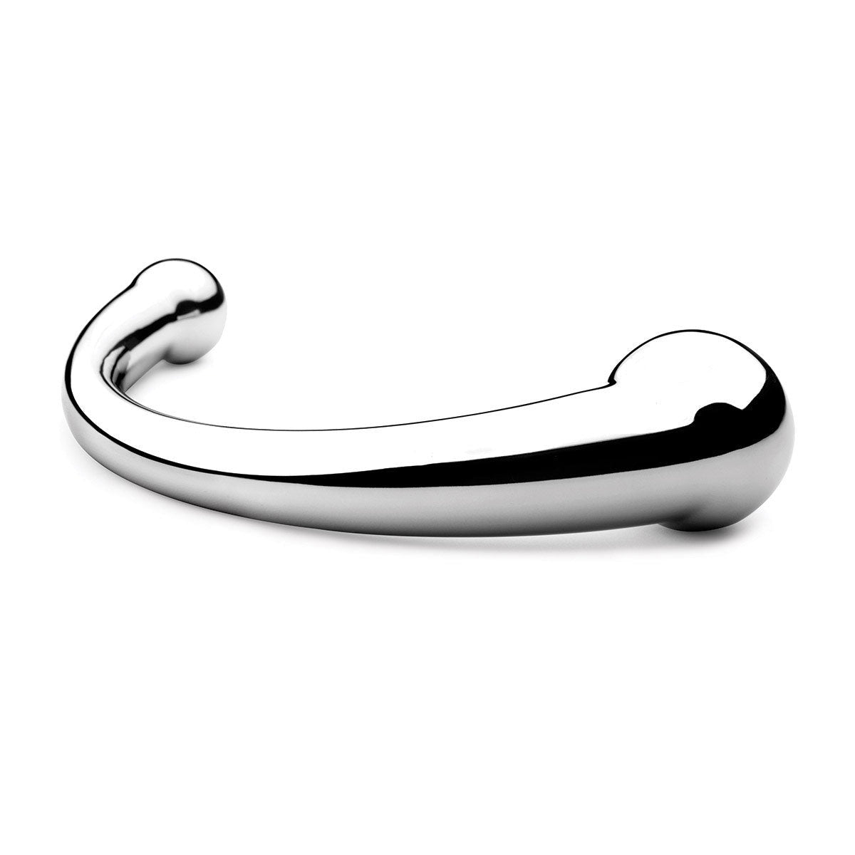 njoy Pure Wand luxury prostate massager and g-spot dildo shown upclose displaying it's stainless steel finish at SugarX.