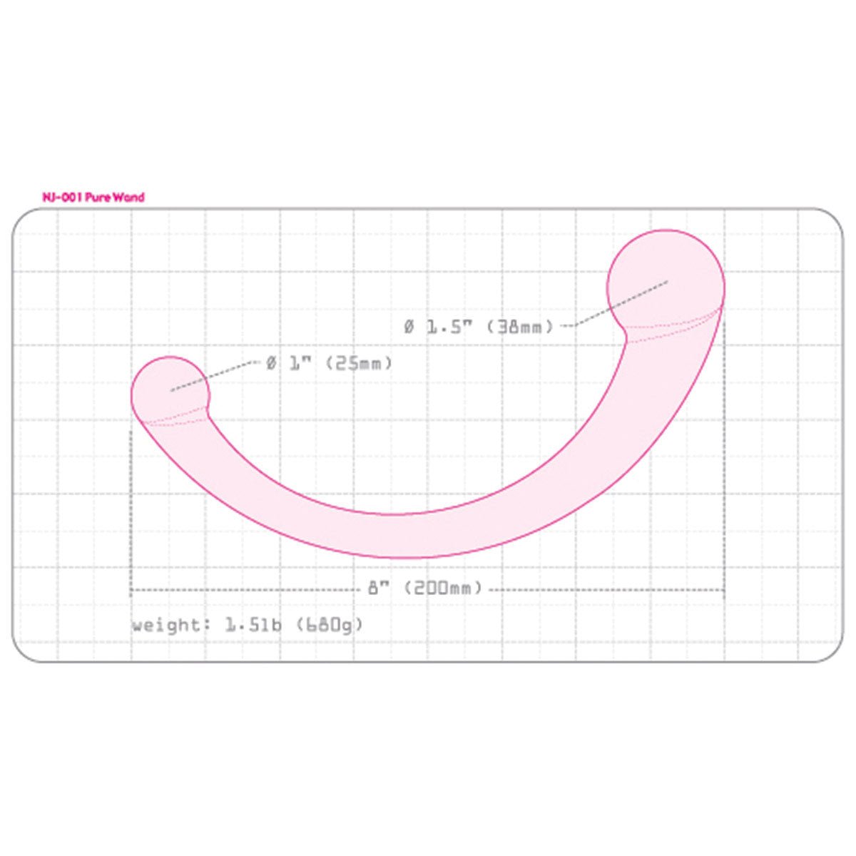 njoy Pure Wand luxury metal dildo shown on a diagram showing the dimensions of the sex toy at SugarX.
