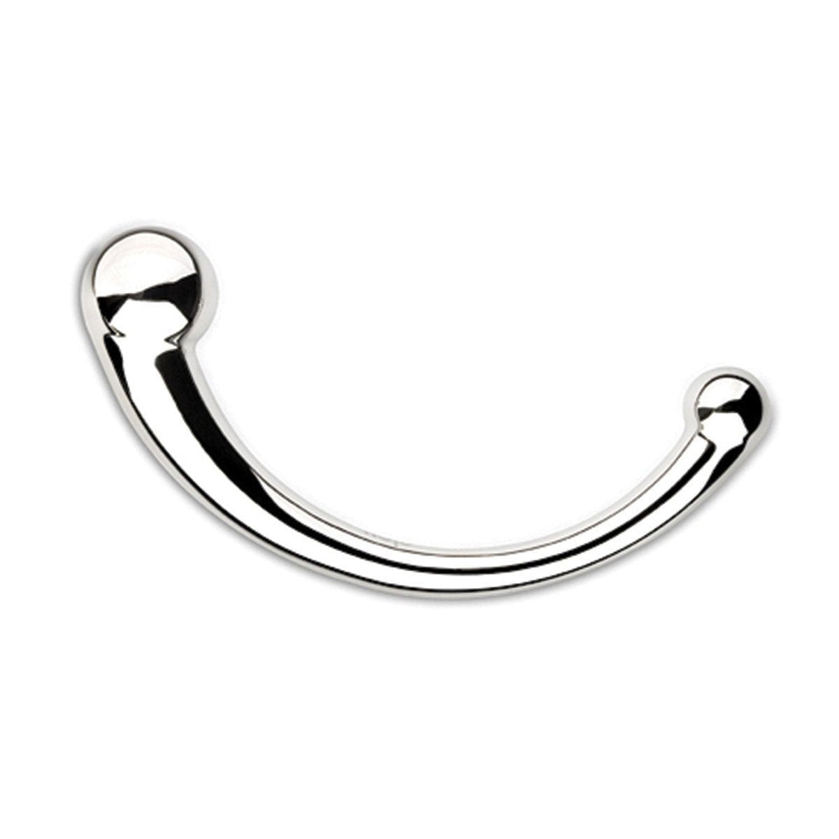 njoy Pure Wand luxury sex toy shown from the side showcasing it's weighty stainless steel finish at SugarX.