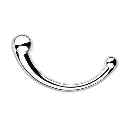 njoy Pure Wand luxury sex toy shown from the side showcasing it's weighty stainless steel finish at SugarX.