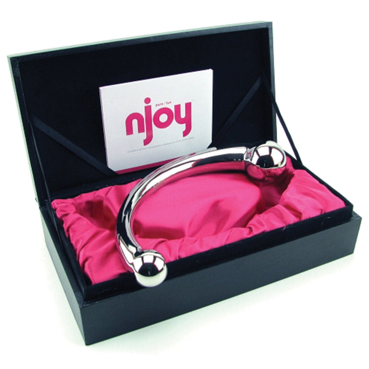 njoy Pure Wand metal prostate massager and g-spot dildo shown on it's luxury stoarge box at SugarX.