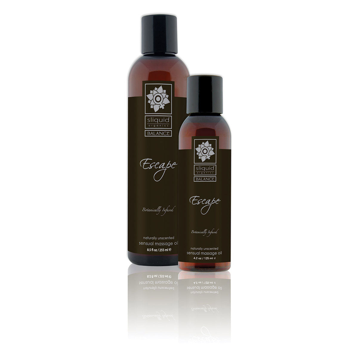 Sliquid Organics Massage Oil Escape 8.5oz blend of naturally occurring nut and seed oils and certified organic botanicals on a white background. Available at SugarX in the Massage Oil collection.