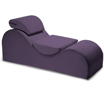 Aubergine Liberator Esse sex chaise on a white background, displayed from a different angle. Ergonomic sex furniture for intimate experiences, available at SugarX.