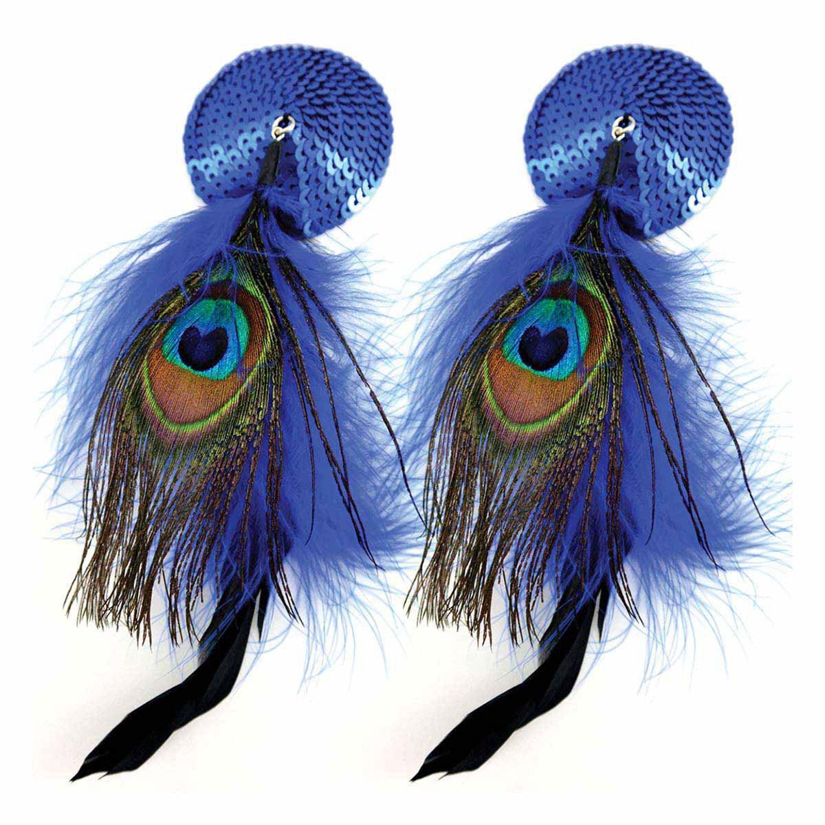 Bijoux de Nip Round Blue Sequin Pasties w/ Feathers Pasties & Nipple Covers