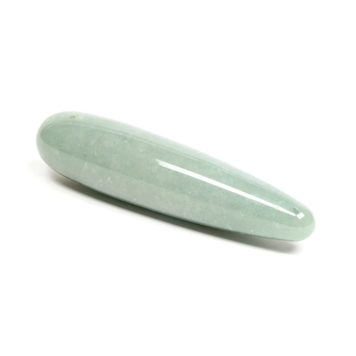 The Indian Jade Original by Chakrubs, a non-phallic green aventurine crystal dildo laying diagonally on a white background. Available at SugarX in Sex Toys in the Dildo collection. 