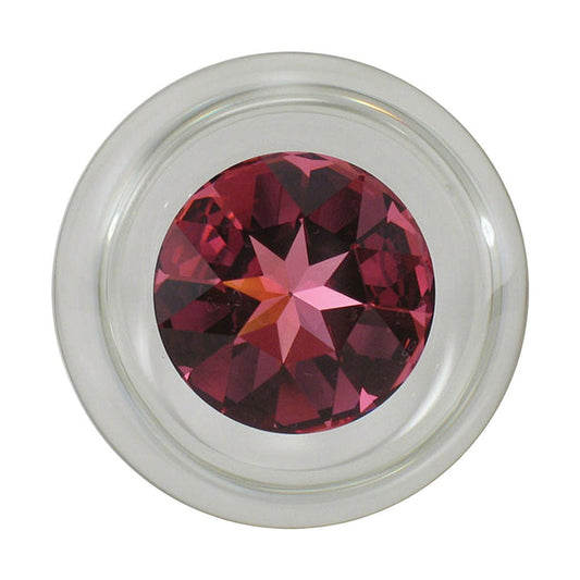 Crystal Delights Small Clear Glass Butt Plug with Pink jewel viewed from the bottom on a plain white background showcasing its design. Available at SugarX in the Butt Plug section of the Sex Toys collection.