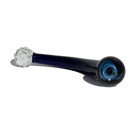 Crystal Delights Galaxy Cobalt Curve with Galaxy Marble blue glass dildo viewed on a plain white background showcasing its cool features. Available at SugarX in the Dildo section of the Sex Toys collection.