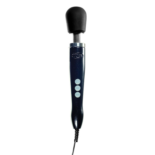 Doxy Die Cast Black wand vibrator standing upright on a plain white background, showcasing its sleek design. Available at SugarX in the Vibrators Collection.