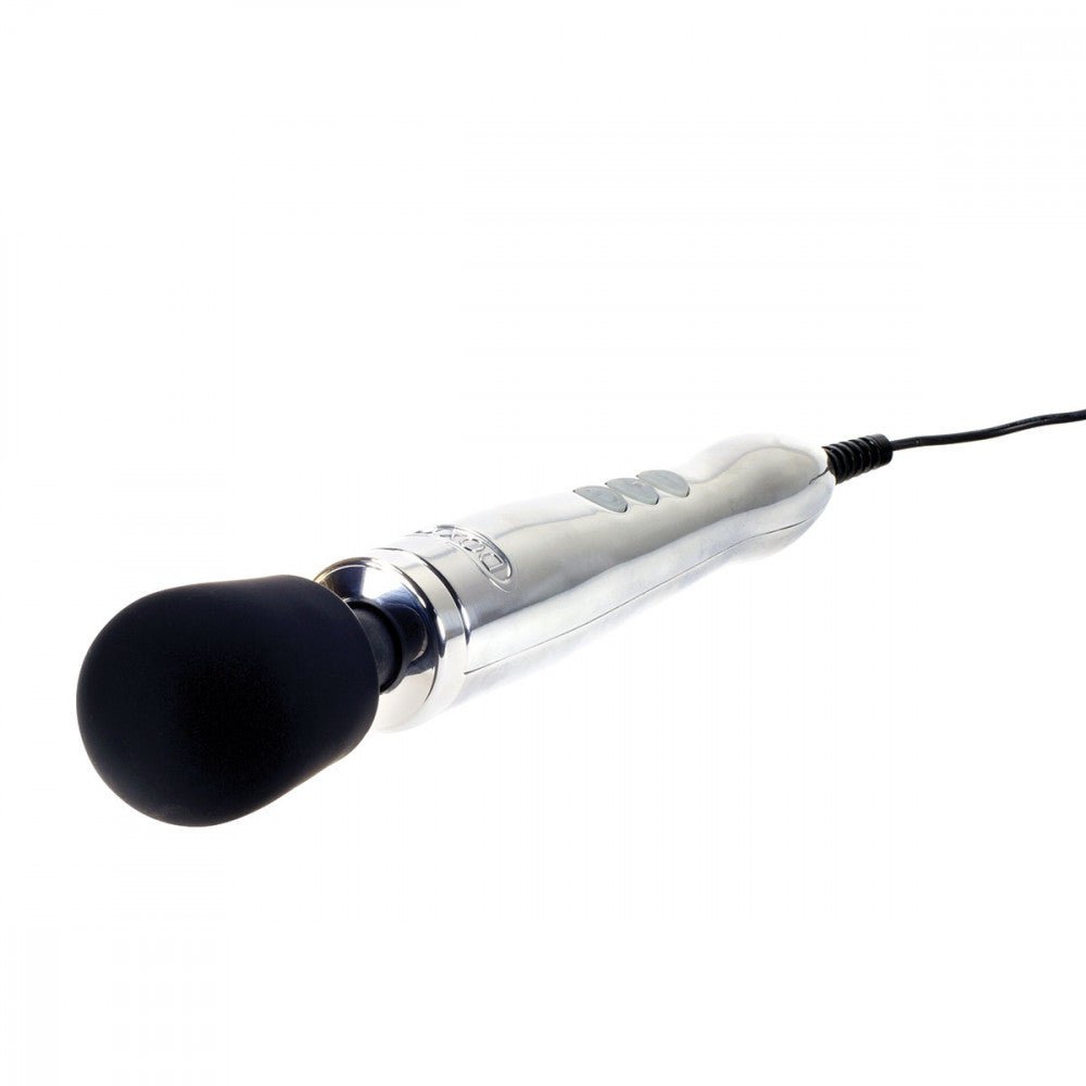 Powerful sex toy, the Doxy Die Cast wand vibrator flat, showcasing its elegant brushed metal design. Find at SugarX in the Vibrators Collection.