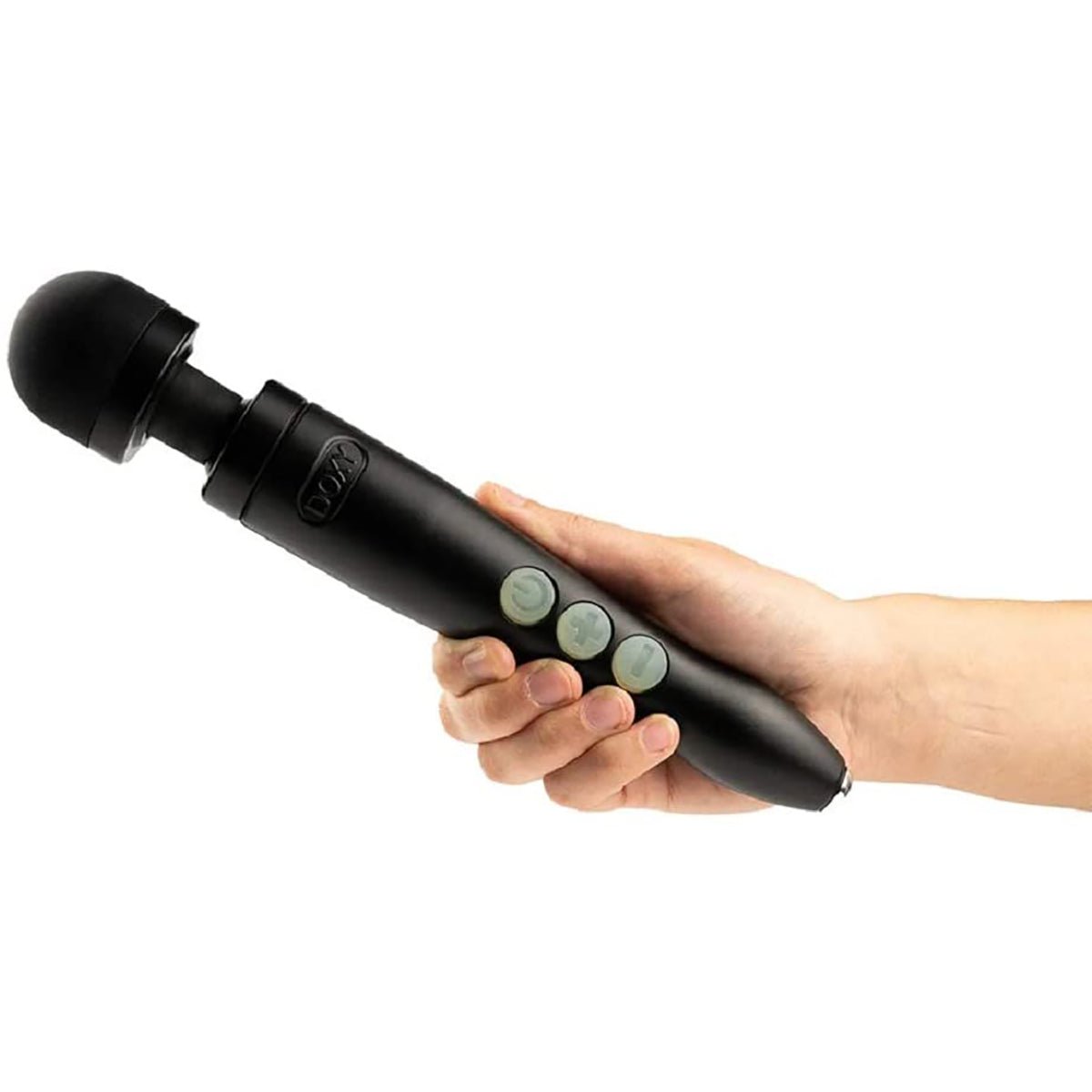 Matte black Doxy Die Cast 3R wand vibrator held in a hand on a white background. Perfect for exploring pleasure with this premium sex toy from SugarX in the Vibrators Collection.