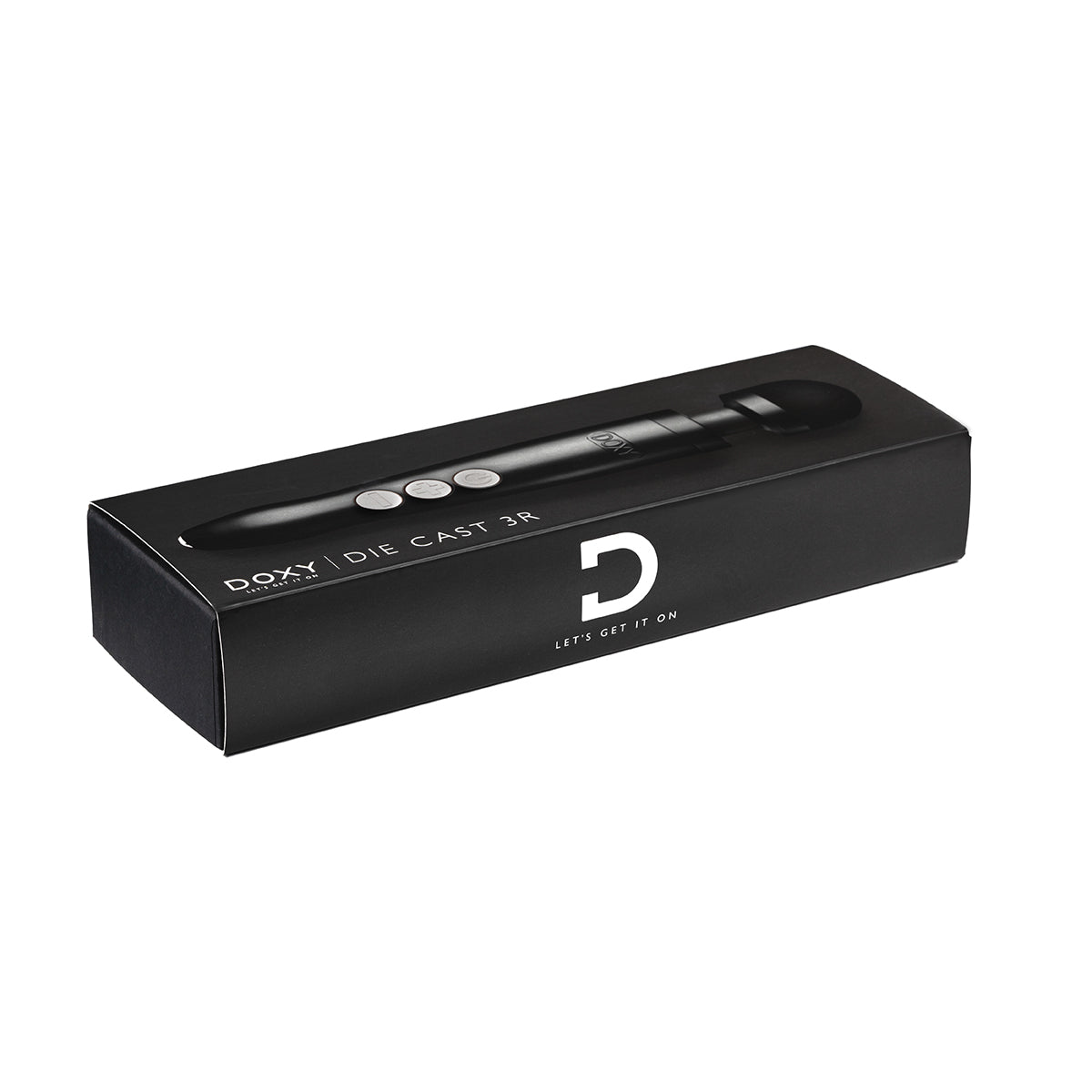 Matte black Doxy Die Cast 3R packaging lying on a white background, highlighting the elegant design of this wand vibrator from SugarX in the Vibrators Collection.