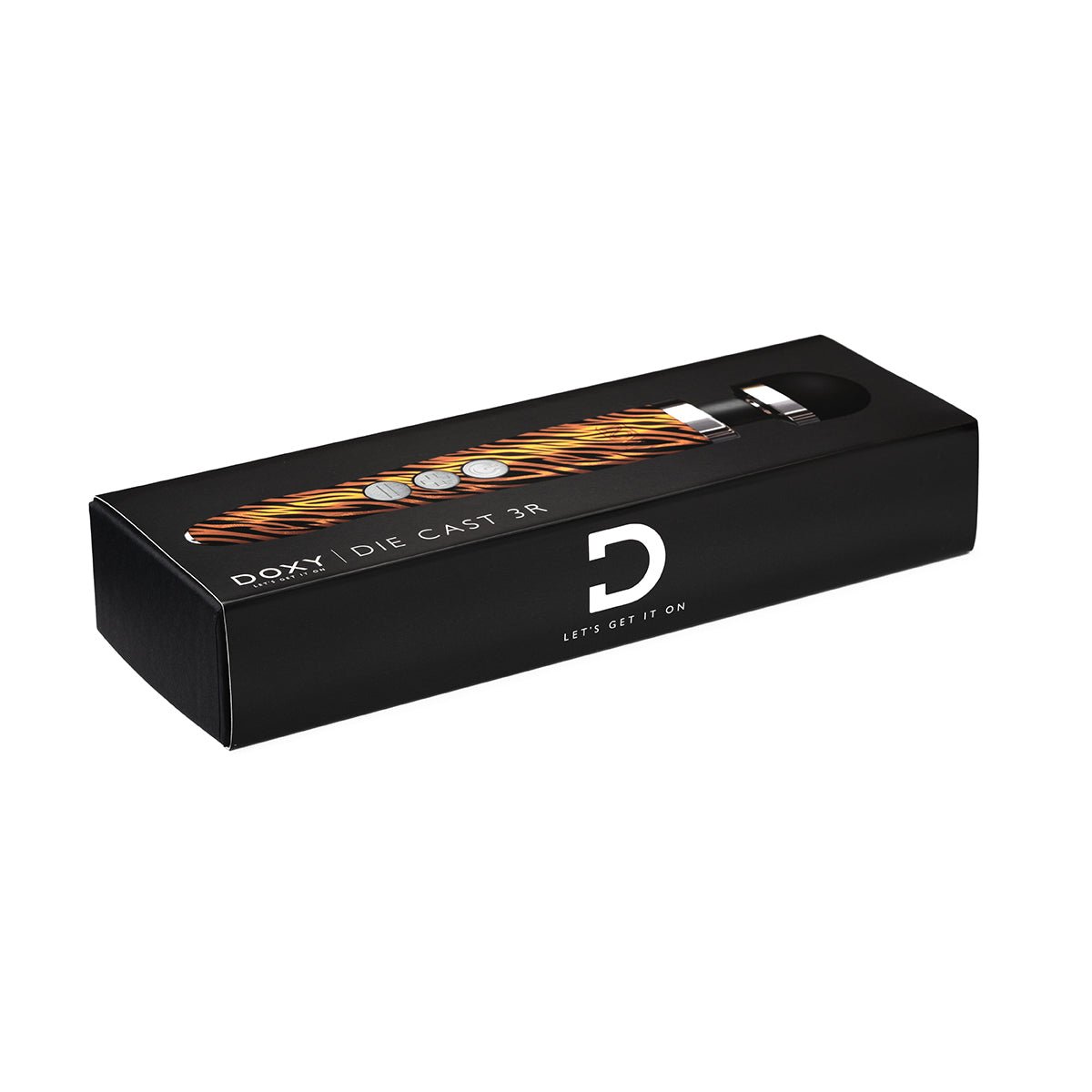 Tiger design Doxy Die Cast 3R packaging displayed on a white background, showcasing the vibrant box of this wand vibrator available at SugarX in the Vibrators Collection.