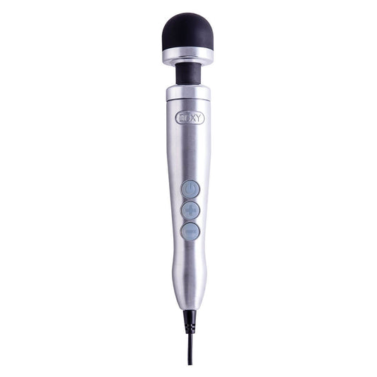 Doxy Die Cast 3 wand vibrator in brushed metal, upright facing forward on a plain white background, available at SugarX in the Vibrators Collection.