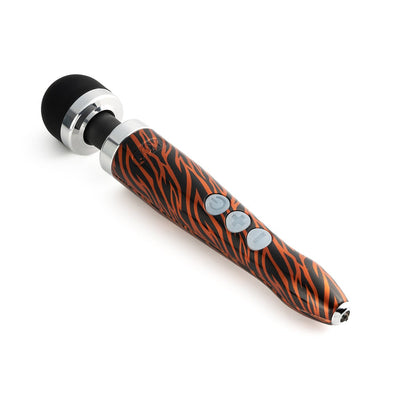 Tiger version of the Doxy Die Cast 3R wand vibrator lying on a white background without the charging cable. A stylish addition to your collection of sex toys from SugarX in the Vibrators Collection.