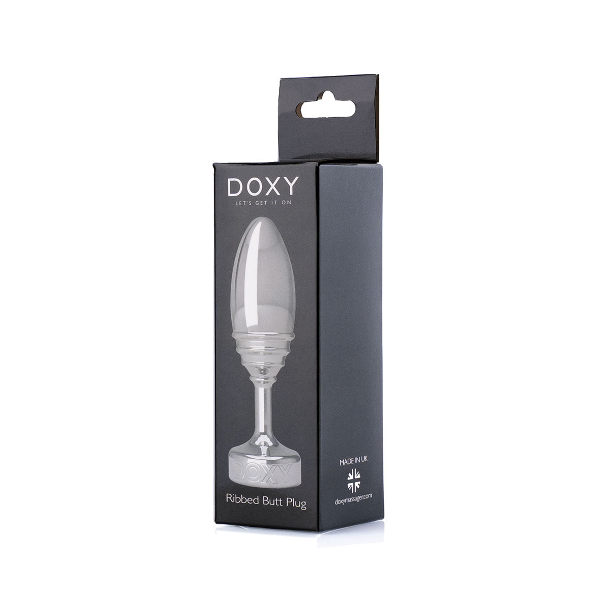 Doxy Ribbed Metal Butt Plug’s storage box facing diagonally on a plain white background showcasing its tapered aluminum body and extra long stem. Available at SugarX in the Butt Plug section of the Sex Toys collection. 