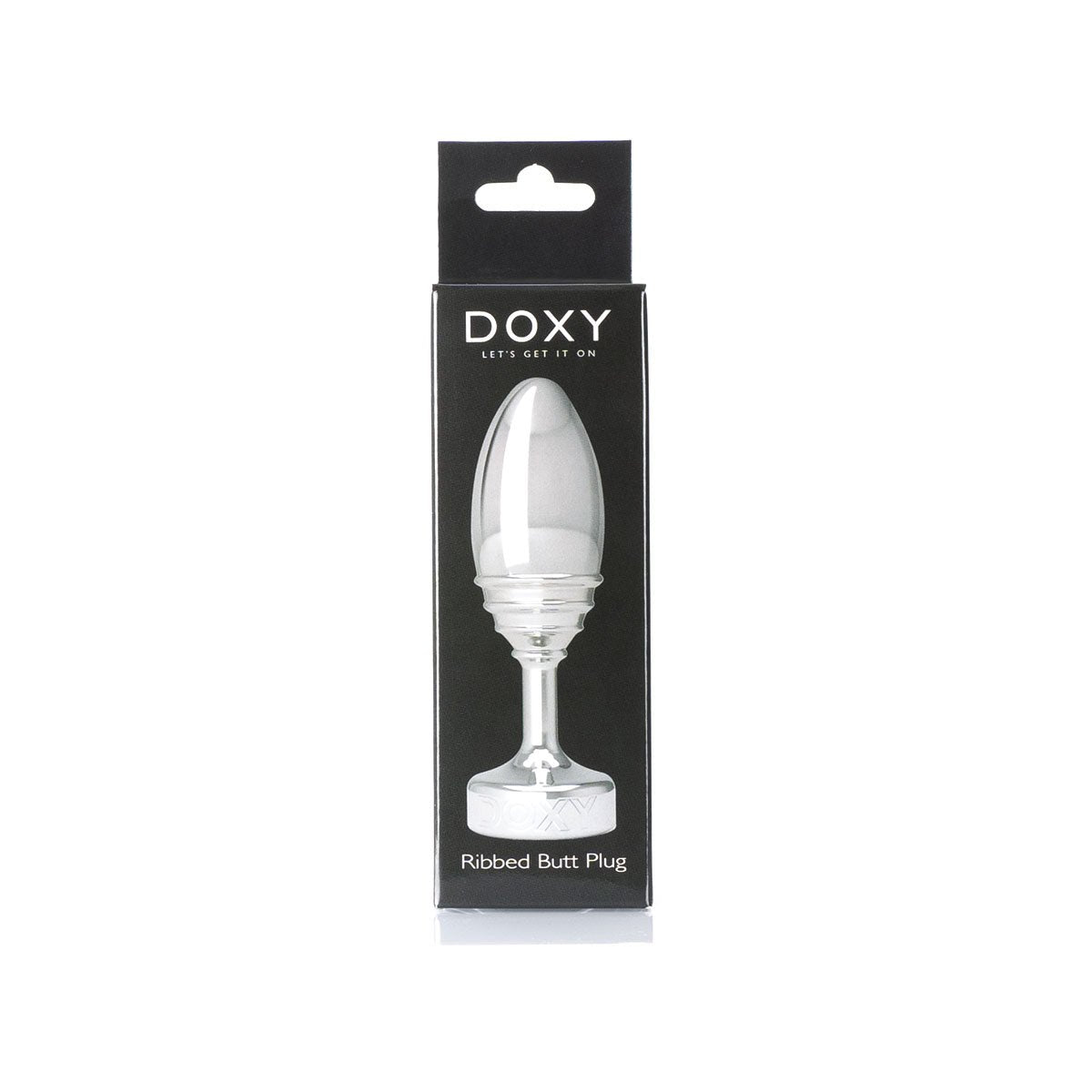 Doxy Ribbed Metal Butt Plug’s storage box on a plain white background showcasing its tapered aluminum body and extra long stem. Available at SugarX in the Butt Plug section of the Sex Toys collection. 