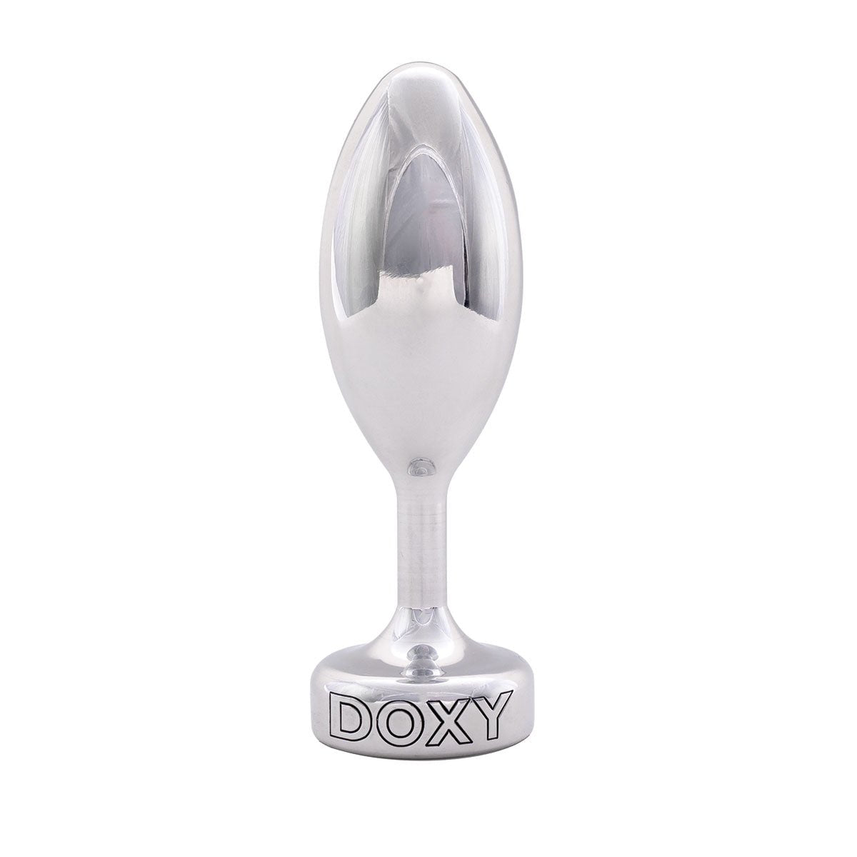 Doxy Smooth Metal Butt Plug standing upright on a plain white background showcasing its tapered aluminum body and extra long stem. Available at SugarX in the Butt Plug section of the Sex Toys collection. 