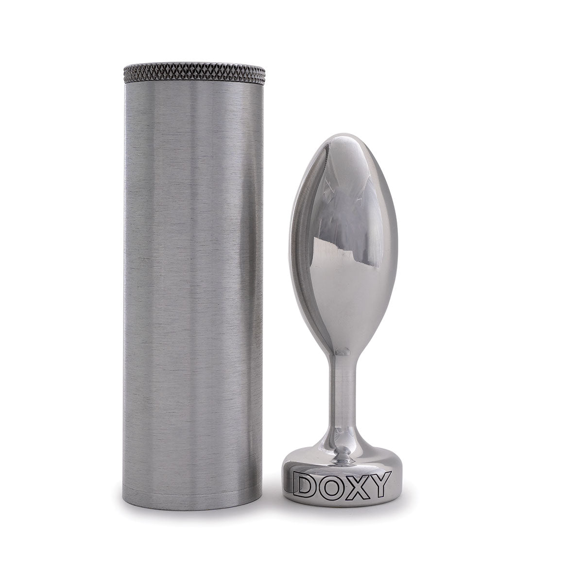 Doxy Smooth Metal Butt Plug standing besides its brushed aluminum storage case on a plain white background showcasing its tapered aluminum body and extra long stem. Available at SugarX in the Butt Plug section of the Sex Toys collection. 