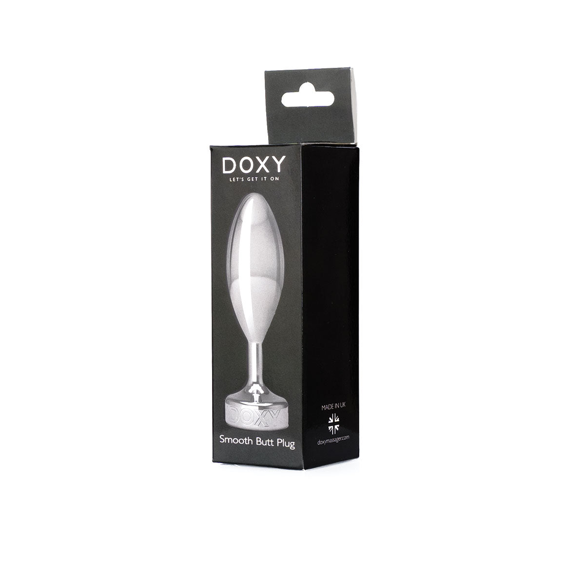 Doxy Smooth Metal Butt Plug’s packaging facing diagonally on a plain white background showcasing its tapered aluminum body and extra long stem. Available at SugarX in the Butt Plug section of the Sex Toys collection.