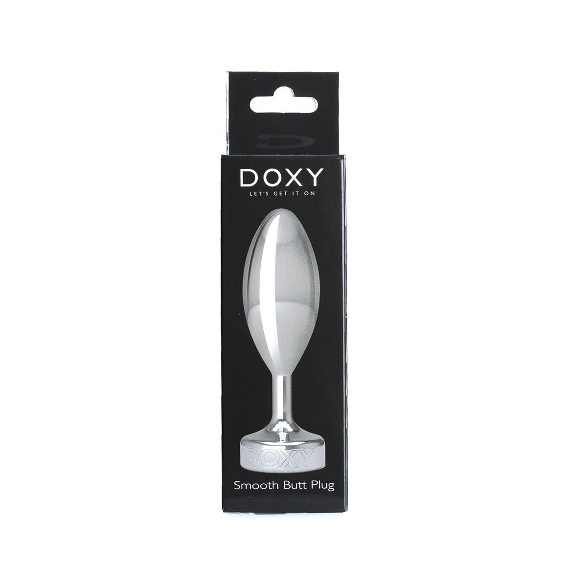 Doxy Smooth Metal Butt Plug’s packaging on a plain white background showcasing its tapered aluminum body and extra long stem. Available at SugarX in the Butt Plug section of the Sex Toys collection. 