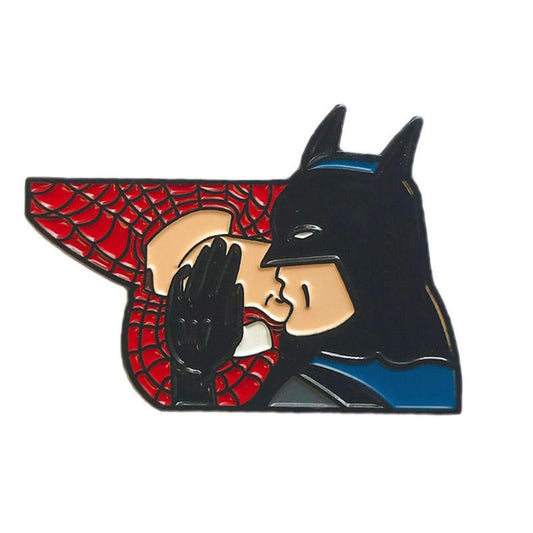 Geeky & Kinky Batman & Spiderman XO Enamel Pin displayed showcasing its design. Available at SugarX in Jewelry in the Pins collection.