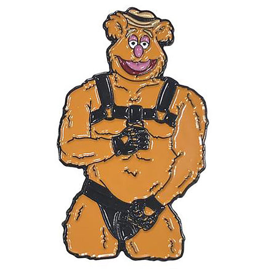 Geeky & Kinky Fozzie Leather Pin displayed showcasing its design. Available at SugarX in Jewelry in the Pins collection.