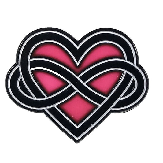 Geeky & Kinky Polyamory Pin displayed showcasing its design. Available at SugarX in Jewelry in the Pins collection.